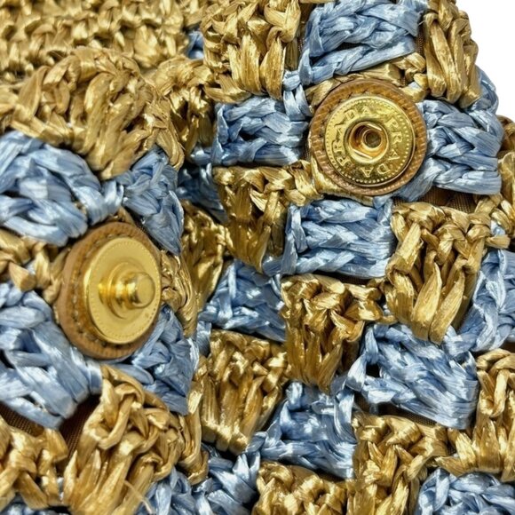 PRADA Vintage Logo Raffia Tote Bag Stripe Blue Beige Polyethylene Snap [105516] - Picture 13 of 14